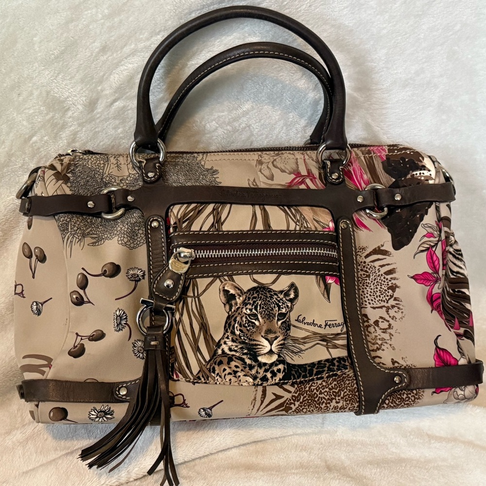 SALVATORE FERRAGAMO Leopard Tiger Jungle Animal Handbag Nylon Canvas Handbag